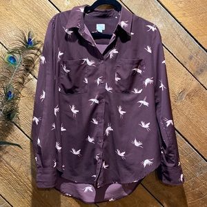 Burgundy button down shirt with cranes.